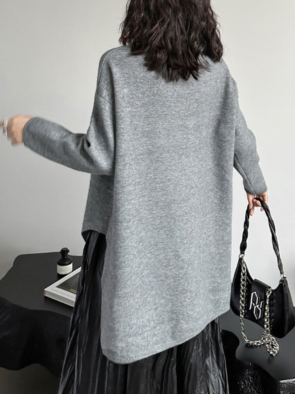 xakxx High-Low Long Sleeves Asymmetric Solid Color Zipper Round-Neck Pullovers Sweater Tops