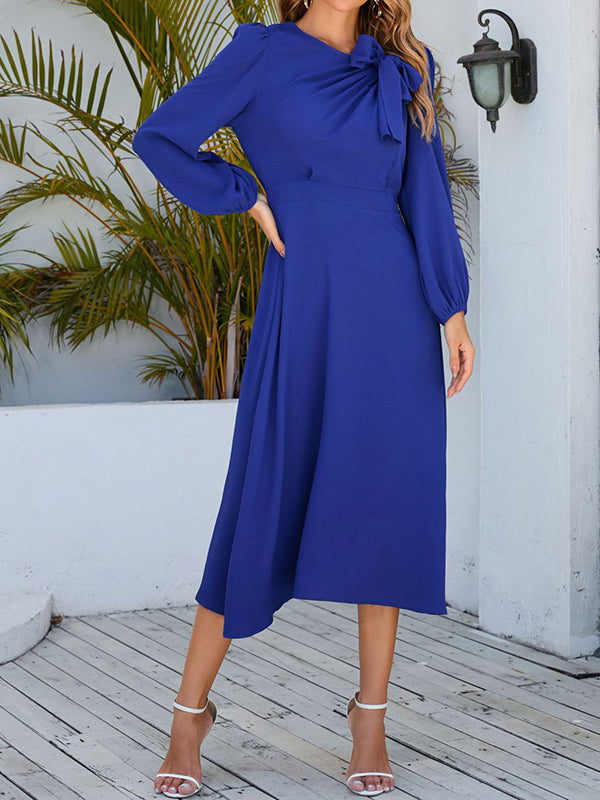 xakxx A-Line Long Sleeves Asymmetric Bowknot Elasticity Solid Color Round-Neck Midi Dresses