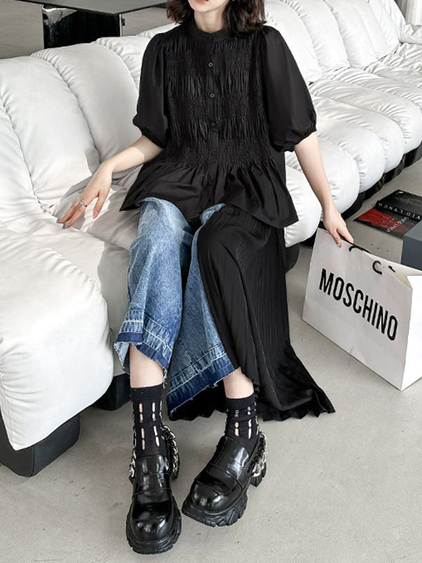 xakxx Loose Ninth Pants Contrast Color Pleated Split-Joint Jean Pants Bottoms