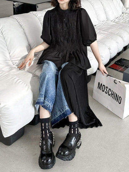 xakxx Loose Ninth Pants Contrast Color Pleated Split-Joint Jean Pants Bottoms