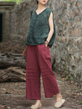 xakxx High Waisted Loose Pleated Solid Color Split-Joint Ninth Pants Trousers