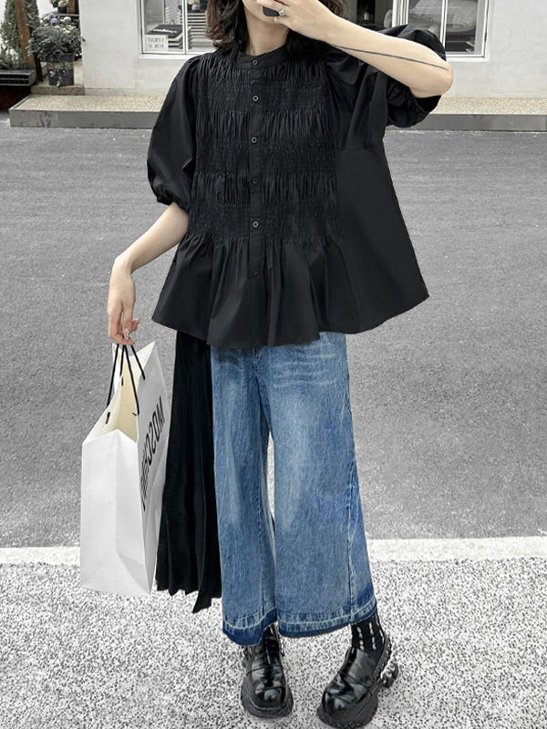 xakxx Loose Ninth Pants Contrast Color Pleated Split-Joint Jean Pants Bottoms