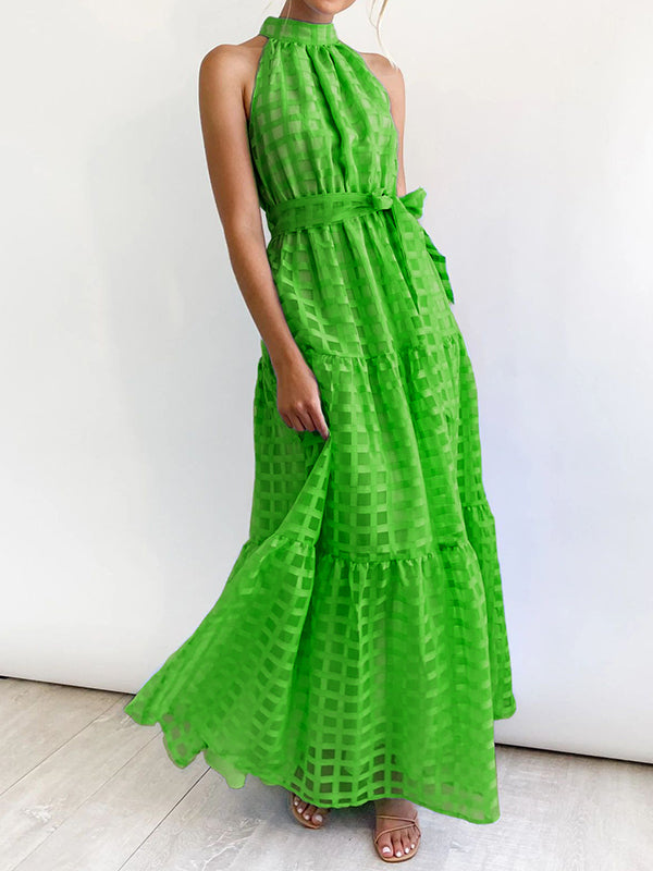 xakxx Loose Sleeveless Plaid Ribbed Stand Collar Maxi Dresses