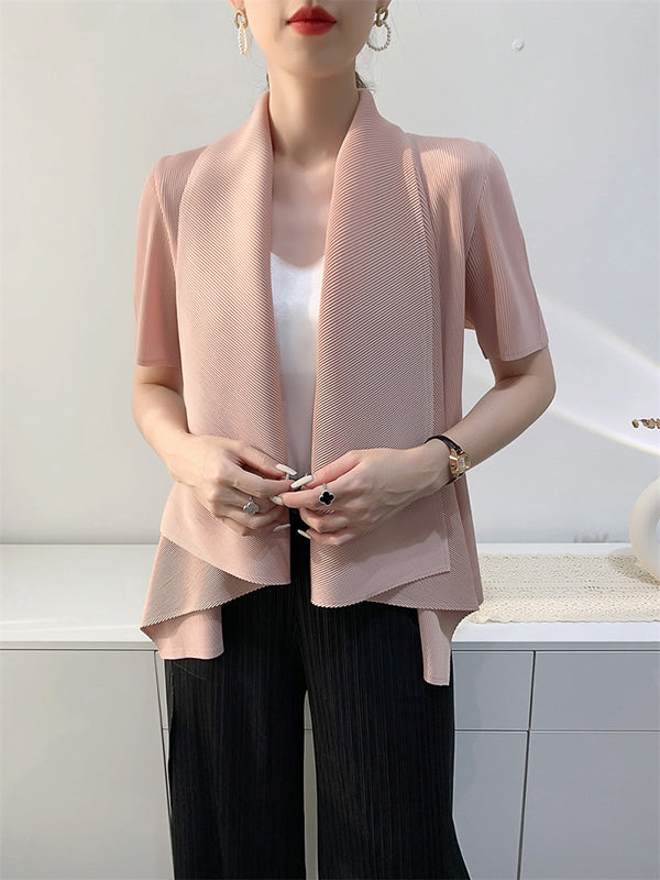 xakxx Loose Short Sleeves Pleated Solid Color Collarless Outerwear