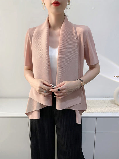 xakxx Loose Short Sleeves Pleated Solid Color Collarless Outerwear