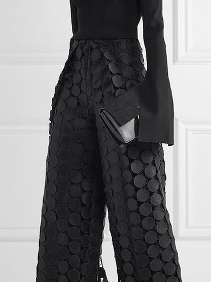 xakxx High Waisted Wide Leg Hollow Polka Dot Solid Color Pants Trousers