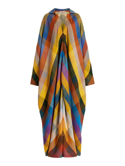 xakxx Long Sleeves Loose Contrast Color Split-Side V-Neck Maxi Dresses