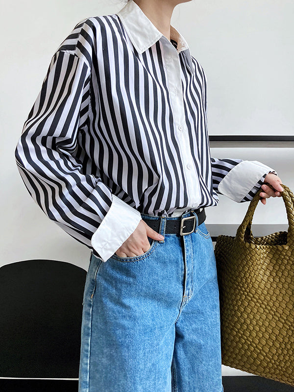xakxx Simple Long Sleeves Contrast Color Striped Lapel Blouse Top