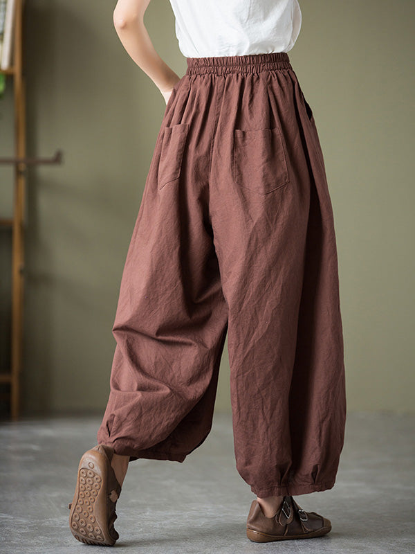 xakxx Simple Loose Linen Solid Color Pleated Drawstring Wide Legs Knickerbockers