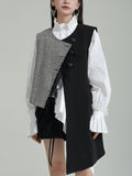 xakxx Ruffle Sleeves Sleeveless Asymmetric Buttoned Houndstooth Vest Outerwear