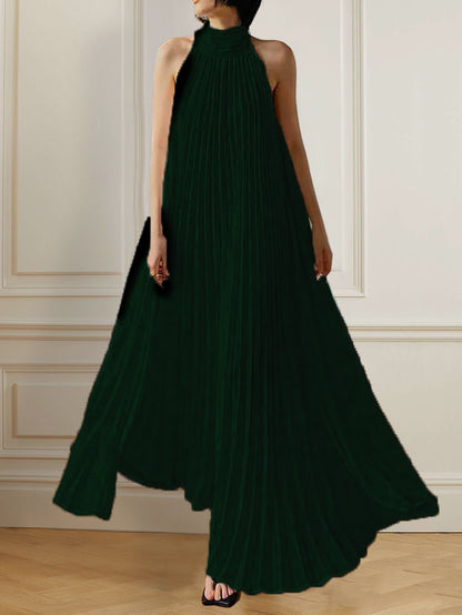 xakxx A-Line Sleeveless Pleated Solid Color Halter-Neck Maxi Dresses