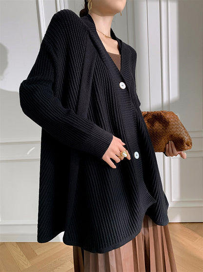 xakxx Stylish A-Line Long Sleeves Loose Solid Color V-Neck Cardigan Tops