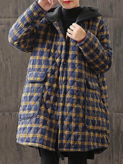 xakxx Vintage Loose Plaid Quilted Hooded Padded Coat