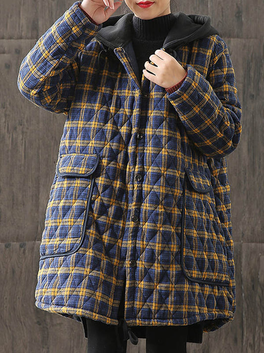 xakxx Vintage Loose Plaid Quilted Hooded Padded Coat