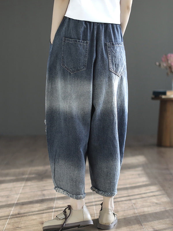 xakxx Vintage Hollow Elasticity Applique Ninth Jean Harem Pants Bottoms