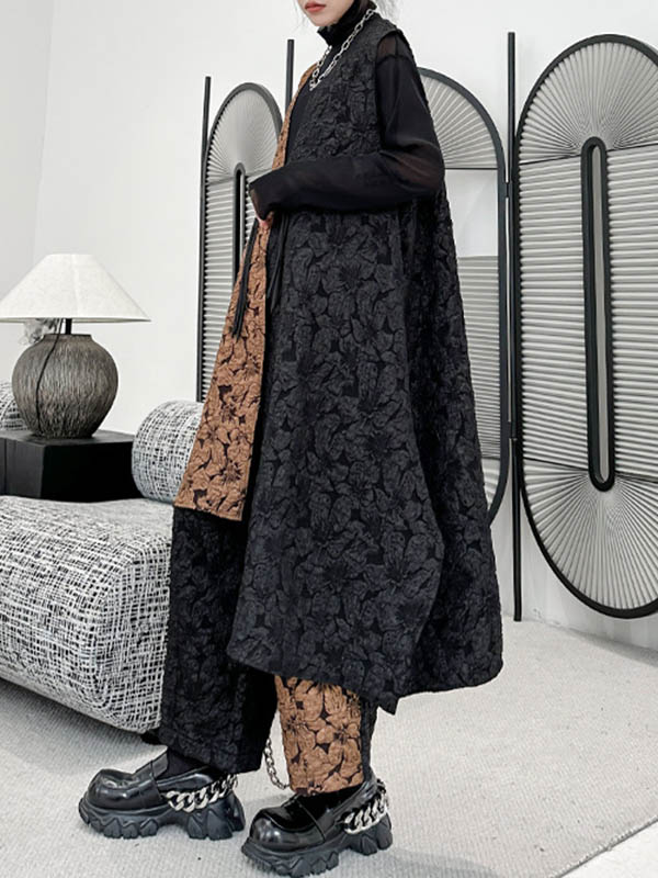 xakxx A-Line High-Low Asymmetric Contrast Color Jacquard Vest Top + Elasticity Pants Bottom Two Pieces Set