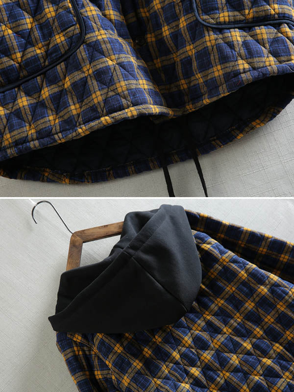 xakxx Vintage Loose Plaid Quilted Hooded Padded Coat