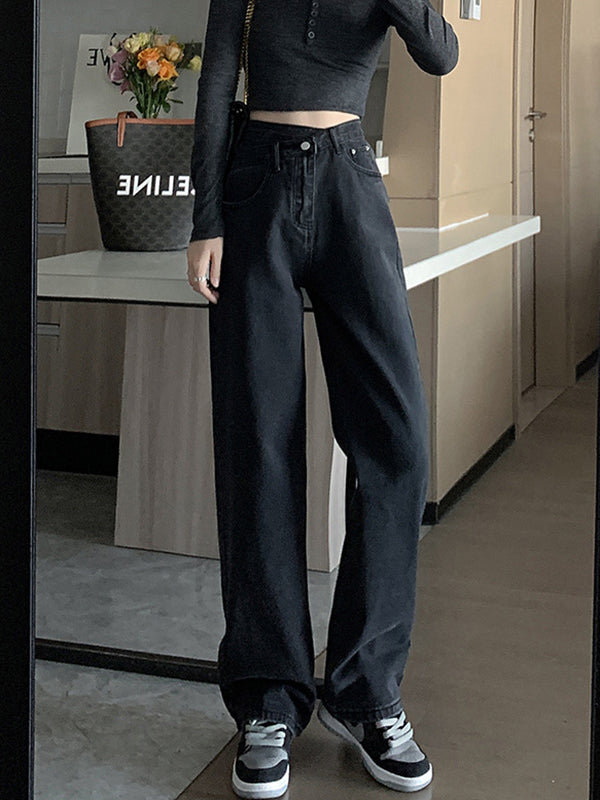 xakxx Casual High Waisted Denim Wide Leg Jean Pants