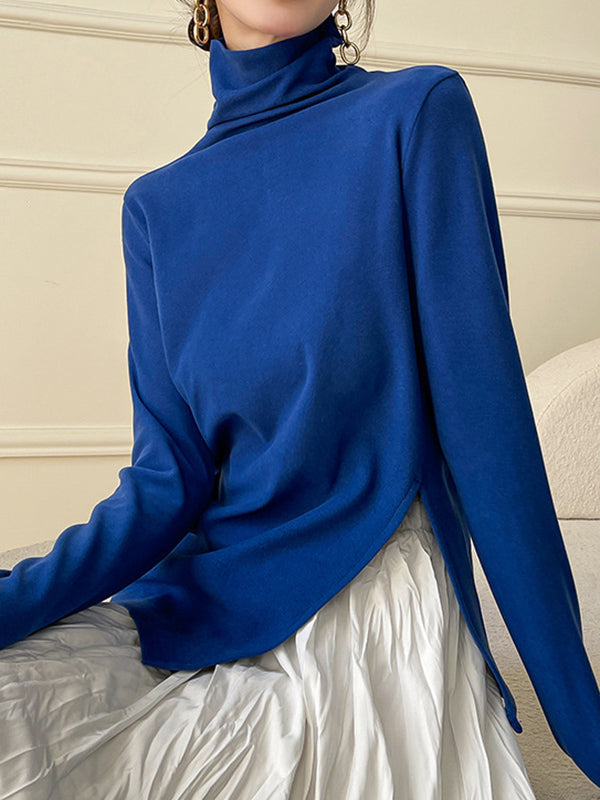 xakxx Casual Skinny Long Sleeves Split-Side Solid Color High-Neck T-Shirts Tops