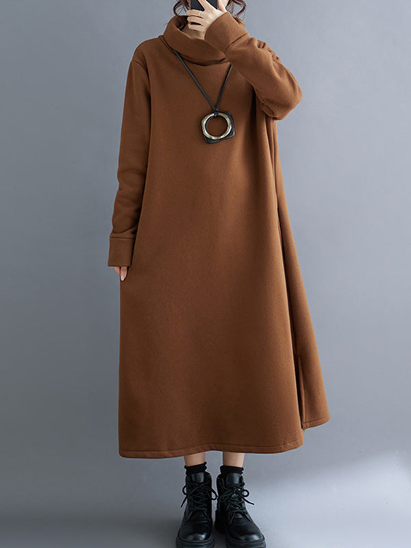 xakxx A-Line Long Sleeves Pockets Solid Color Split-Side Velvet High Neck Midi Dresses