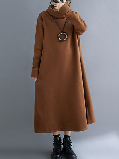 xakxx A-Line Long Sleeves Pockets Solid Color Split-Side Velvet High Neck Midi Dresses