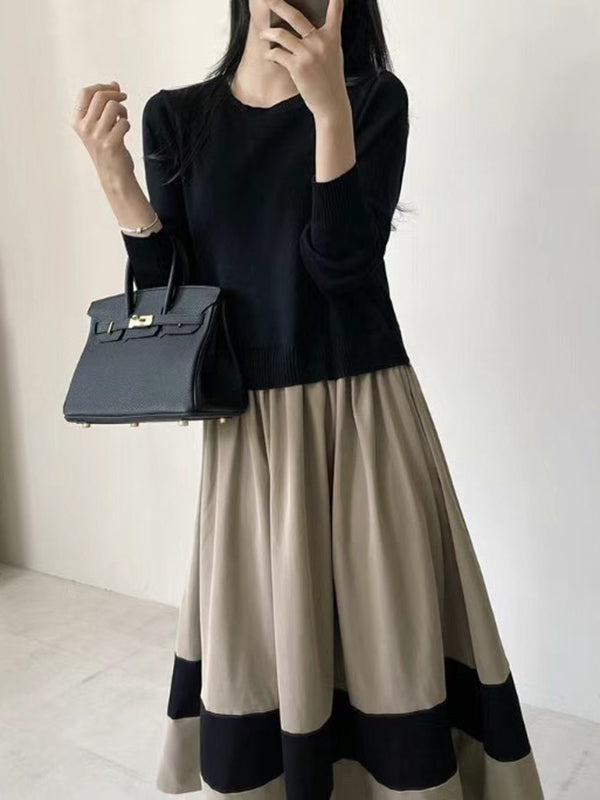 xakxx A-Line Long Sleeves Pleated Split-Joint Round-Neck Midi Dresses