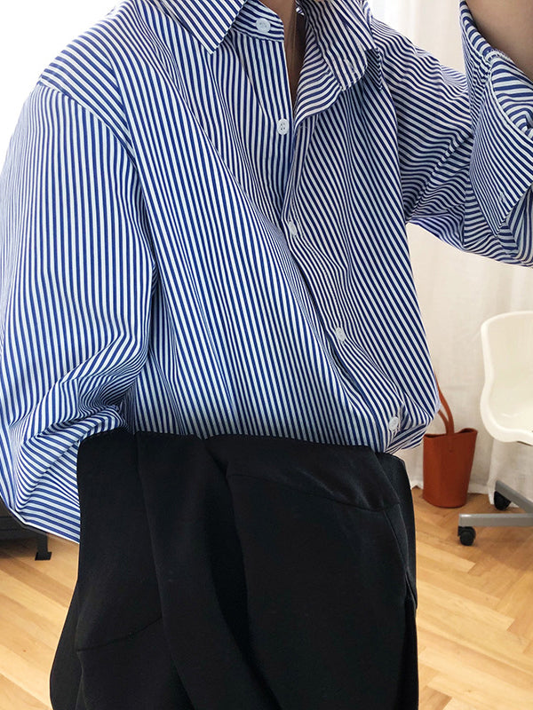 xakxx Urban Loose Striped Lapel Collar Blouses&Shirts Tops