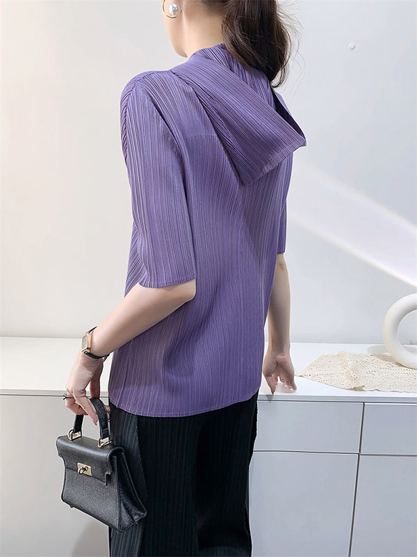 xakxx Half Sleeves Hooded Pleated Solid Color Mock Neck T-Shirts Tops