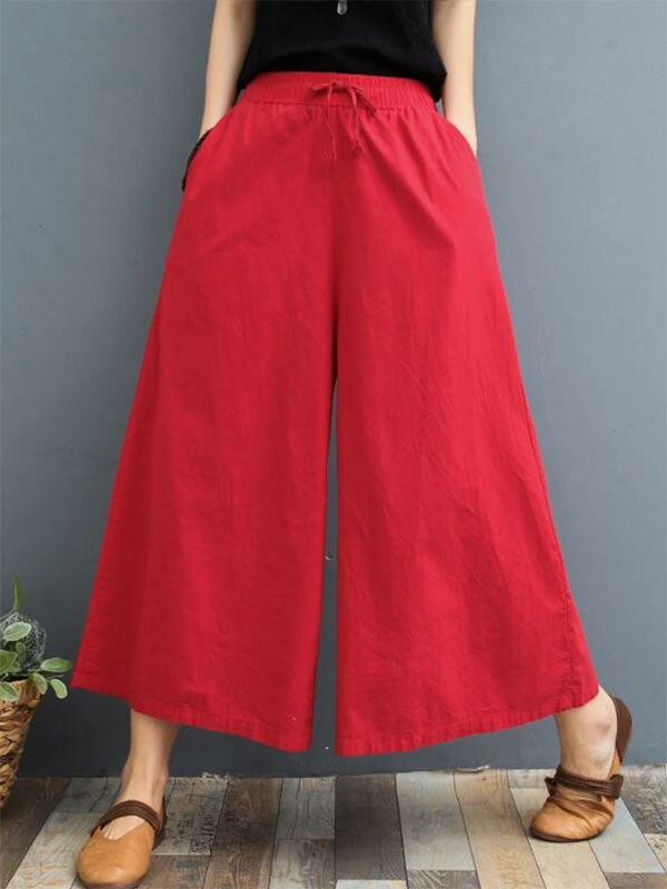 xakxx Simple Wide Leg Loose Drawstring Solid Color Casual Pants Bottoms