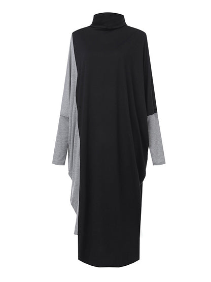 xakxx Casual Loose Split-Joint Contrast Color High-Neck Long Sleeves Dress