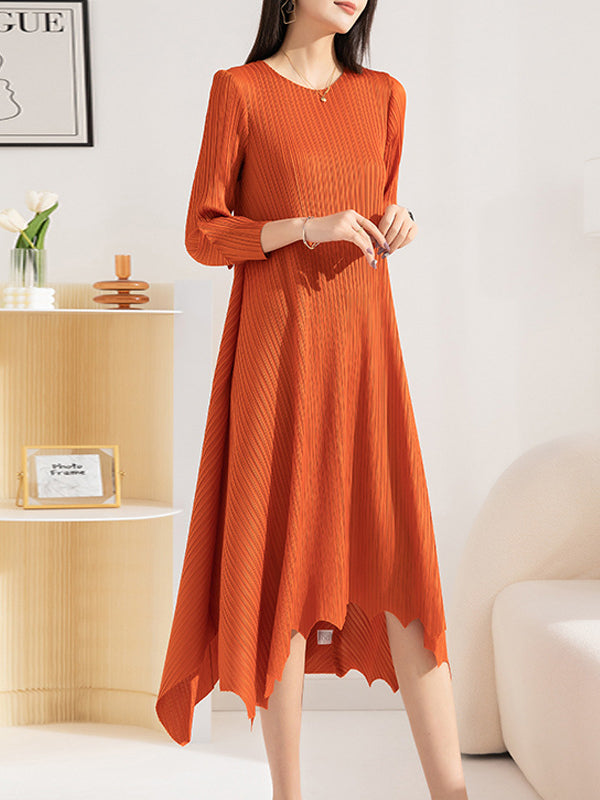 xakxx Irregular Clipping Loose Pleated Solid Color Round-Neck Midi Dresses