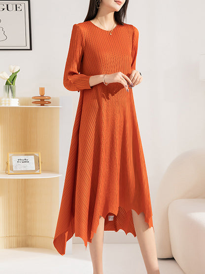 xakxx Irregular Clipping Loose Pleated Solid Color Round-Neck Midi Dresses