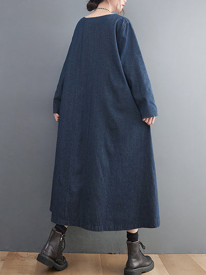 xakxx Artistic Retro Loose Denim Applique Round-Neck Long Sleeves Midi Dress