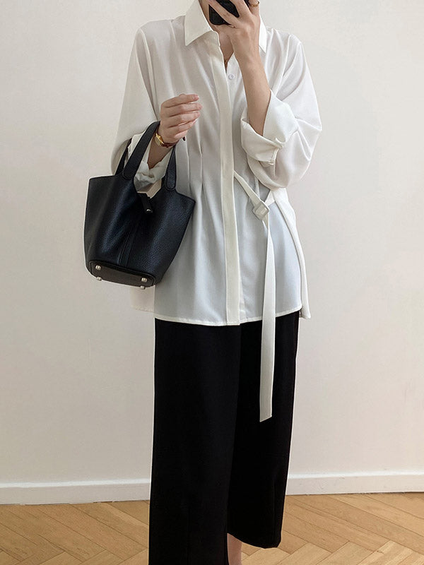 xakxx Office Loose Long Sleeves Lace-Up Solid Color Lapel Blouses
