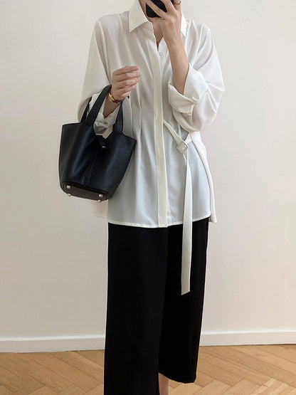 xakxx Office Loose Long Sleeves Lace-Up Solid Color Lapel Blouses