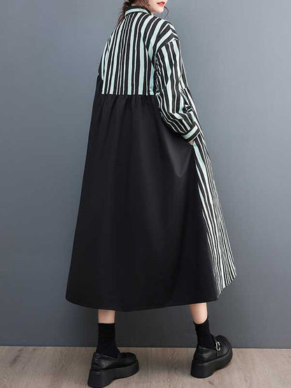 xakxx Long Sleeves Loose Buttoned Split-Joint Striped Mock Neck Midi Dresses