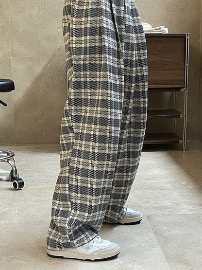 xakxx Vintage Wide Leg High-Waisted Pleated Plaid Pants