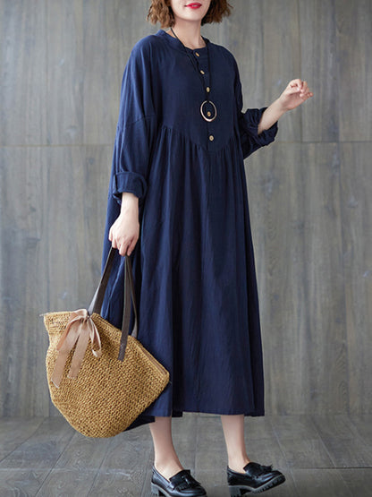 xakxx Loose Puff Sleeves Pleated Solid Color Stand Collar Midi Dresses