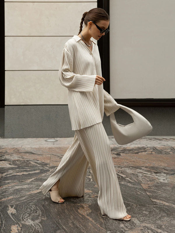 xakxx xakxx-Urban Loose Pleated Solid Lapel Collar Blouses Tops & Wide Leg Pants Two Pieces Set