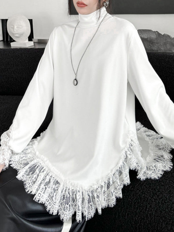 xakxx Long Sleeves Loose Solid Color Split-Joint High Neck T-Shirts Tops