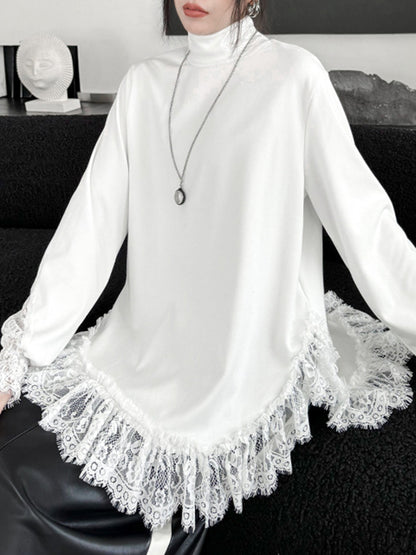 xakxx Long Sleeves Loose Solid Color Split-Joint High Neck T-Shirts Tops