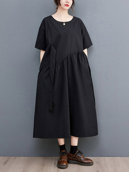 xakxx Casual Half Sleeves Loose Solid Color Round-Neck Midi Dresses