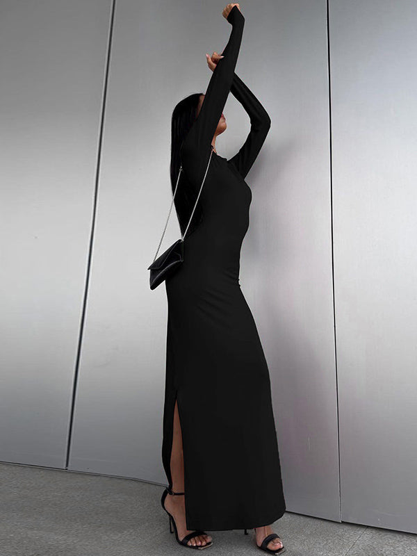 xakxx Bodycon Long Sleeves Solid Color Split-Side Round-Neck Maxi Dresses