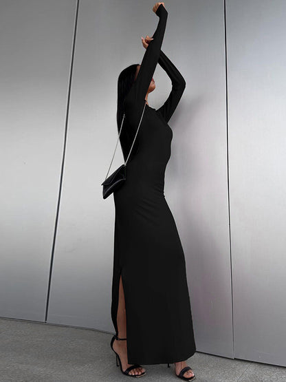xakxx Bodycon Long Sleeves Solid Color Split-Side Round-Neck Maxi Dresses