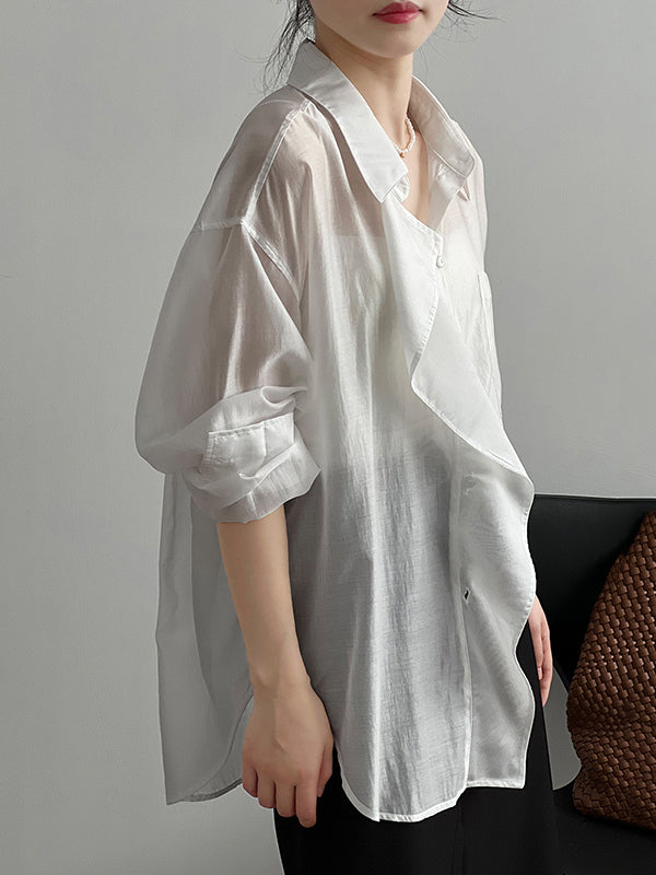xakxx Irregular Clipping Long Sleeves Solid Color Lapel Blouses&Shirts Tops
