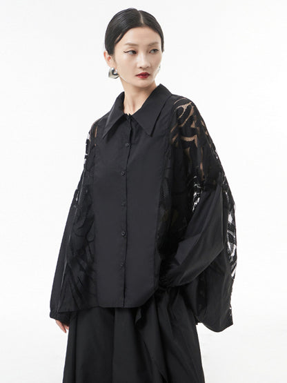 xakxx Urban See-Through Lace Split-Joint Lapel Blouse
