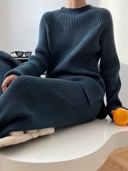 xakxx Urban Loose Solid Round-Neck Split-Side Sweater& Wide Leg Pants Suits