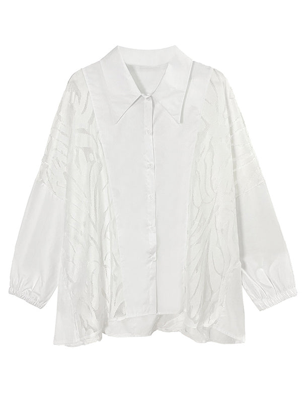 xakxx Urban See-Through Lace Split-Joint Lapel Blouse
