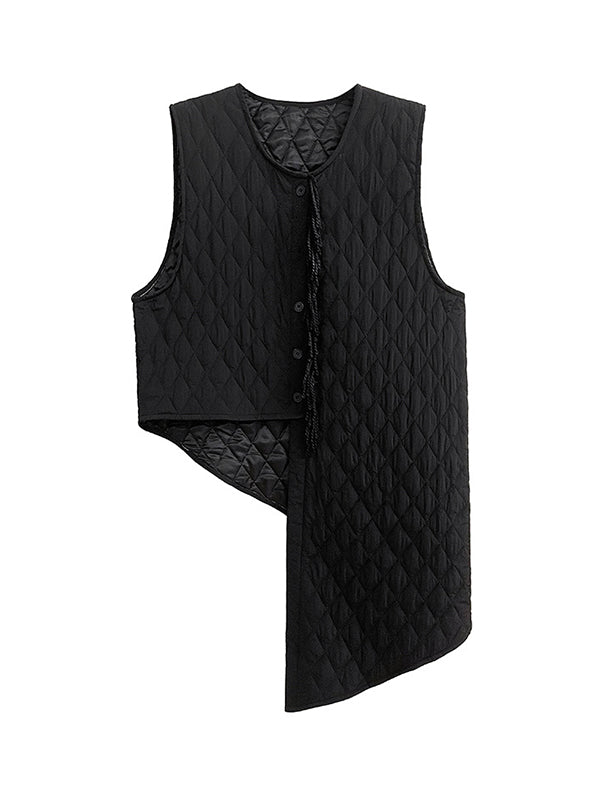 xakxx Loose Sleeveless Asymmetric Buttoned Quilted Solid Color Tasseled U-neck Padded Vest