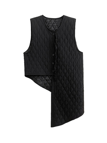 xakxx Loose Sleeveless Asymmetric Buttoned Quilted Solid Color Tasseled U-neck Padded Vest